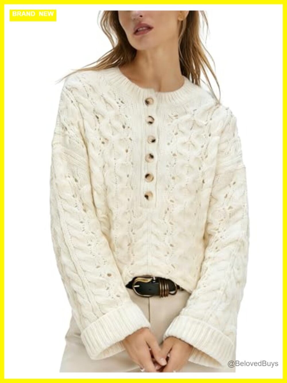 Cable Knit Henley Sweater Long Sleeve Relaxed Fit Pullover